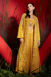 Mustard Silk Crepe Printed & Embroidred Jacket Set